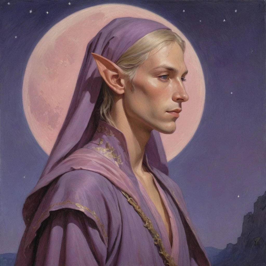Masterpiece, (realistic), (propaganda poster), ((Moebius Jean Giraud)), ((((haughty upright profile portrait of a veiled male teenage wood elf, blonde, young, poet, sensual, imposing, dignified, proud, arrogant, wearing silk, purple and pink robes with detailed crescent moon, star elements, he is holding a lyre, he is staring at the skies)))), ((dusk background, moths))
