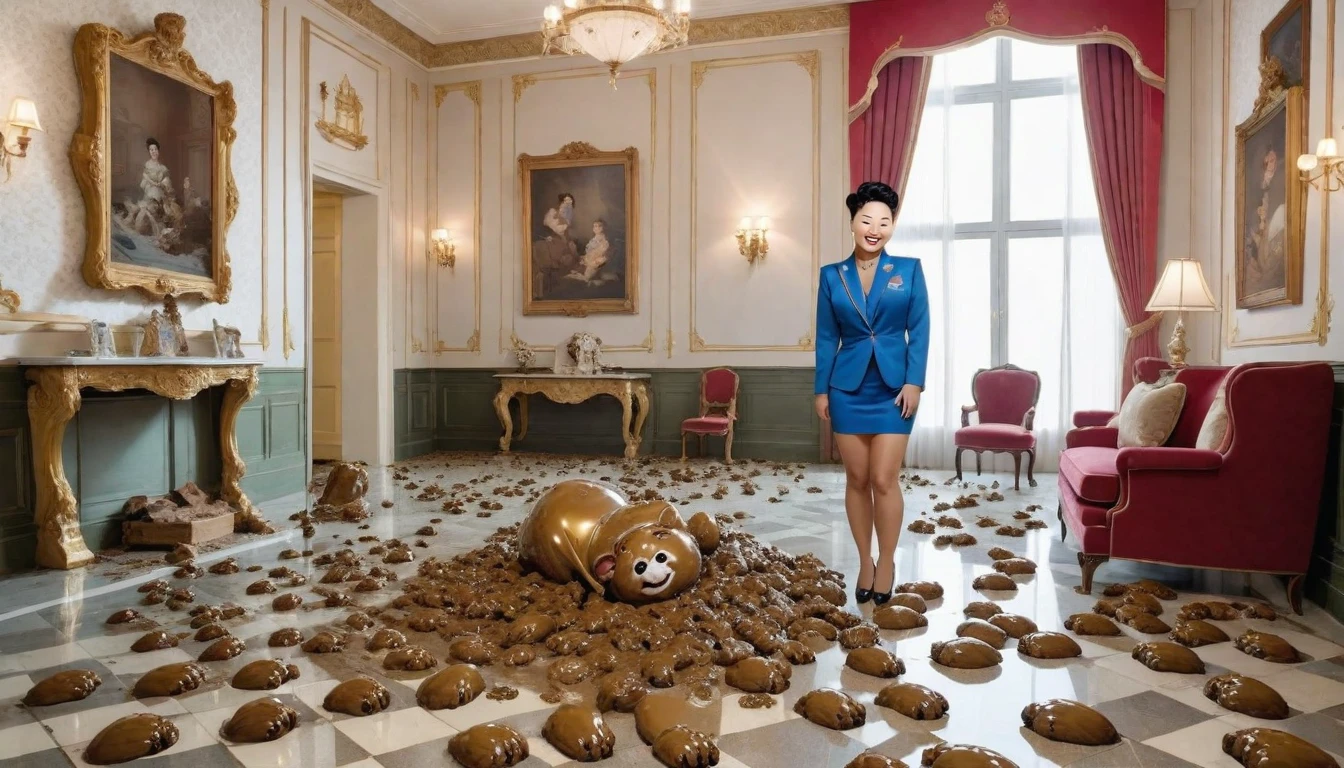 kim jong a giggling (detailed face), disguised as a , admiring a Cambridge room filled with gigantic pieces of seductive ladies from the poop bipeds with poop paws on the floor of their glorious PPV poop docking hole , detailed face,4k, details