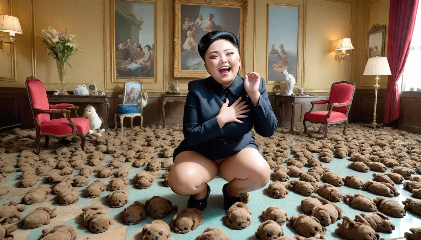 kim jong a giggling (detailed face), disguised as a , admiring a Cambridge room filled with gigantic pieces of seductive ladies from the poop bipeds with poop paws on the floor of their glorious PPV poop docking hole , detailed face,4k, details