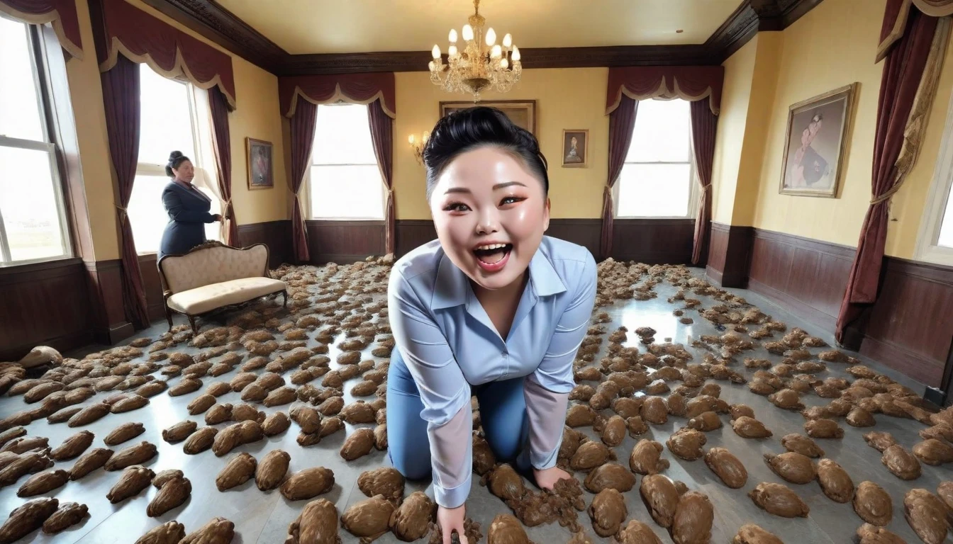 kim jong a giggling (detailed face), disguised as a , admiring a Cambridge room filled with gigantic pieces of seductive ladies from the poop bipeds with poop paws on the floor of their glorious PPV poop docking hole , detailed face,4k, details