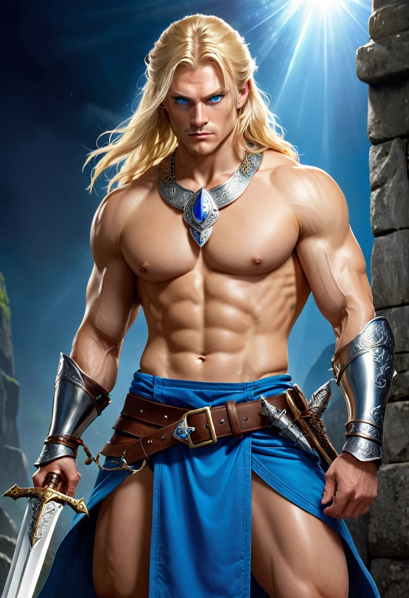 Ax-Battler is a 30-year-old man, an imposing and fearless Nordic warrior, with a tall stature, an athletic body with very robust and well-defined muscles. Her long, blonde hair falls over her shoulders, giving her a wild and untamed appearance. His blue eyes are piercing, shirtless, he wears blue swim trunks, blue boots, silver bracelets and a gold necklace. On his belt, he carries small talismans and amulets. His countenance is serious. He wields only a long, shining sword. The sword's blade is polished and sharp, reflecting the light with a menacing shine., No sword with arms crossed as if posing for a photo, Front View, Ultra Realistic Style