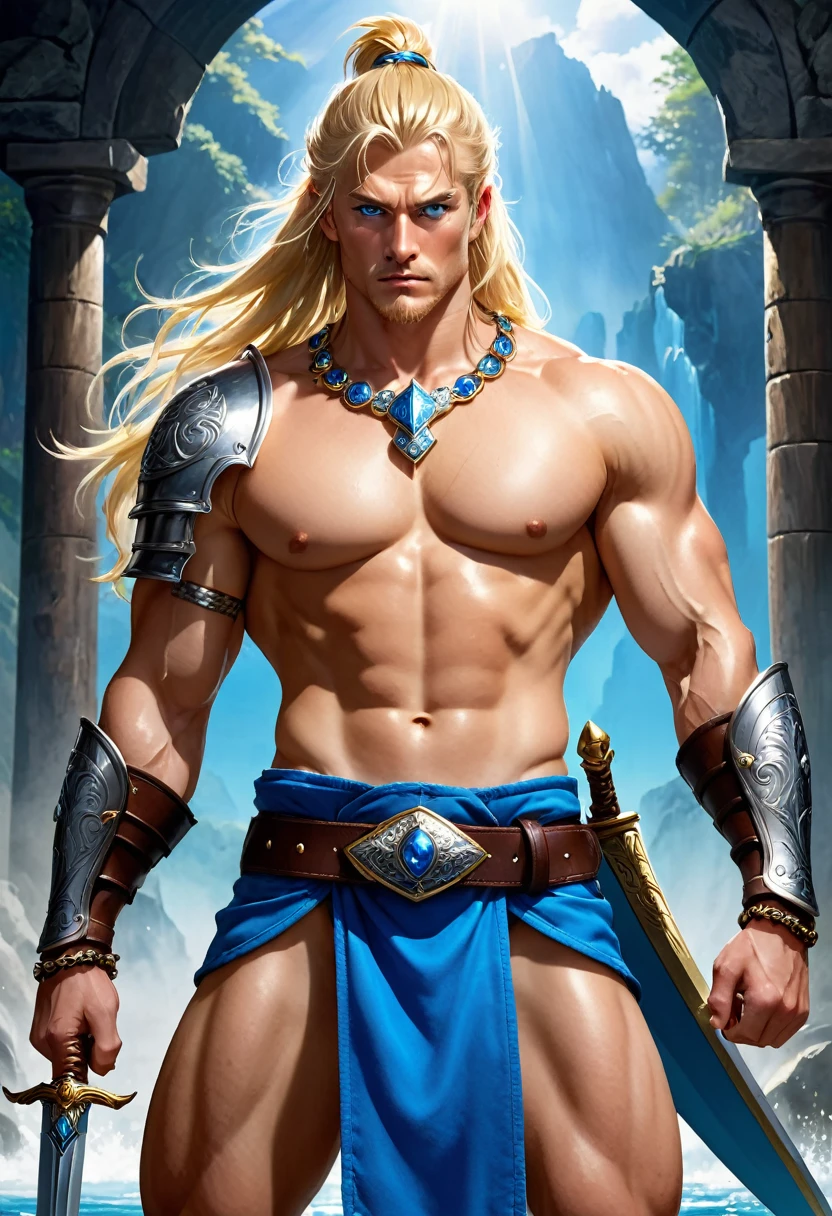 Ax-Battler is a 30-year-old man, an imposing and fearless Nordic warrior, with a tall stature, an athletic body with very robust and well-defined muscles. Her long, blonde hair falls over her shoulders, giving her a wild and untamed appearance. His blue eyes are piercing, shirtless, he wears blue swim trunks, blue boots, silver bracelets and a gold necklace. On his belt, he carries small talismans and amulets. His countenance is serious. He wields only a long, shining sword. The sword's blade is polished and sharp, reflecting the light with a menacing shine., No sword with arms crossed as if posing for a photo, Front View, Ultra Realistic Style