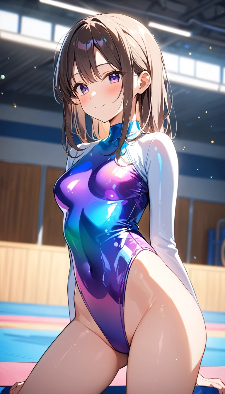 highquality illustration, masterpiece, very delicate and beautiful, attractive girl,(gymnastics leotard, Floral patterns leotard,long sleeve leotard with glittery decoration,high_leg leotard,athletic leotard,tight-fit leotard,iridescent gradient leotard),thin,slender body,slim,high school,gymnasium background,gymnastics club,gymnastics athlete,princess, beautiful eyes,light smile,(masterpiece, best quality:1.2), highres, extremely detailed CG unity 8k wallpaper, perfect lighting, Colourful, ultra-high res,4K,ultra-detailed, photography, 8K, HDR, s,