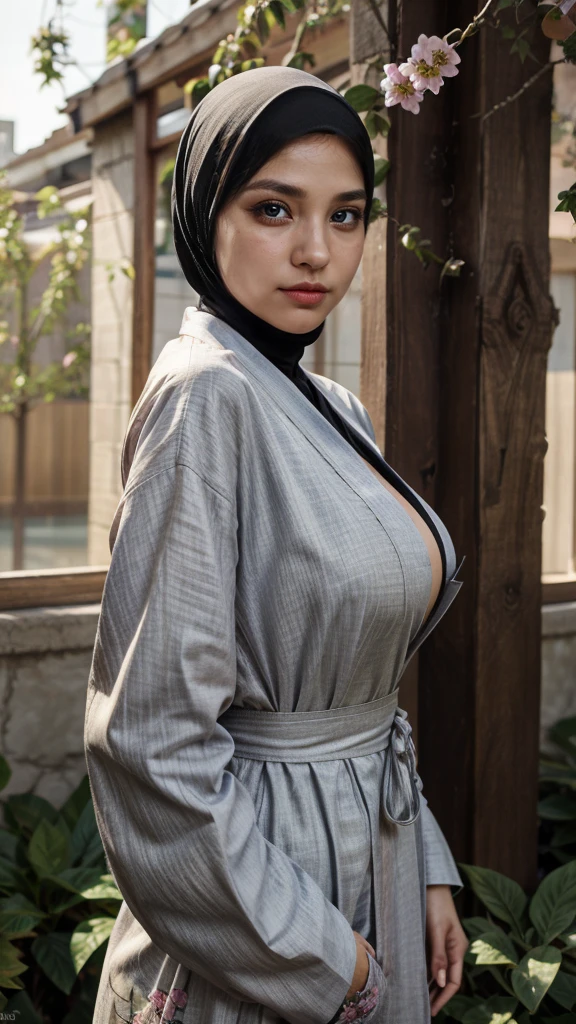 Closse-up, detailed eyes, detailed face texture, realistic photos of Hijab Korean female, slightly smile,expressive eyes,eye makeup,flower garden background,standing posture,confident attitude,Eye-Level Shot, slightly blurry background,UHD,masterpiece:1.2,highres,16k), abaya kimono big breast 