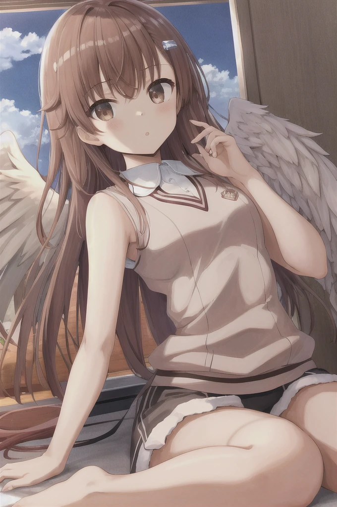 ayaka hizuki, white uniform,hairband, wings, 1girl, solo, masterpiece, best quality,light smile,