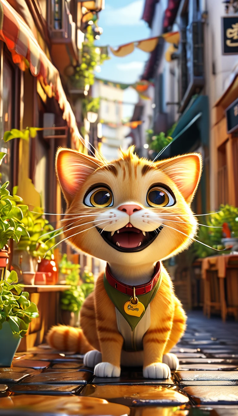 A small story３Please draw it cutely in the style of a D-anime。comics dog, Adorable digital painting, dog, cute dog, comics, View your viewers, Cute eyes, hand, comics, Clothes
１The second image shows a cute, big, ginger-colored cat walking down the street with a hungry look on its face.。
２The second image shows a cute, big ginger cat drooling after seeing a burger restaurant sign in the city.。
３The second image shows a cute, big, ginger-colored cat drooling as it enters a burger restaurant.。
