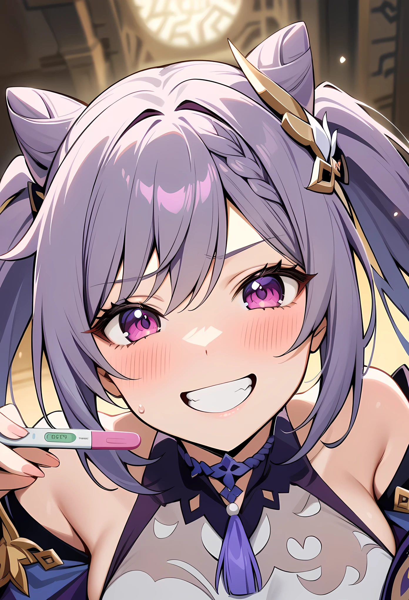 masterpiece, best quality, very aesthetic, absurdres, newest, showing a pregnancy test, 1girl, close-up of face, blush,smile,grin,,keqing,keqing(genshin impact), purple hair,purple eyes,lozenge pupil,diamond eyerings,twintails,medium breasts,bun,bang,in heaven