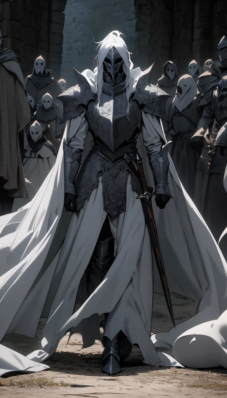 male knight ghostly form, knight ghost, black ghost, distant full body view, mysterious figure, zoomed out full body, facing front, medieval knight, black