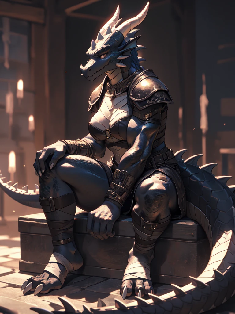 solo, kemono, (dragon), anthro, female, ((black body)), scales, tail, muscles, medium breasts, leather armor, sitting, nose ring piercing, toe claws, bandaged feet, depth of field,(best quality),(masterpiece),(ultra detailed)
