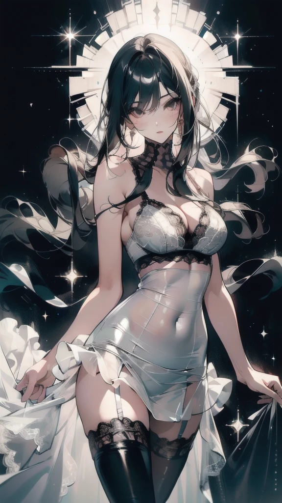 ((masterpiece, best quality)), Delicate face,fighter,White,whole body,Standing picture,Long legs,Large Breasts,Gradient long wavy hair,Perfect body proportions,beautiful eyes,Extremely beautiful,transparent, Pure white background,Erotic_lingerie,Lace,Garter stockings
