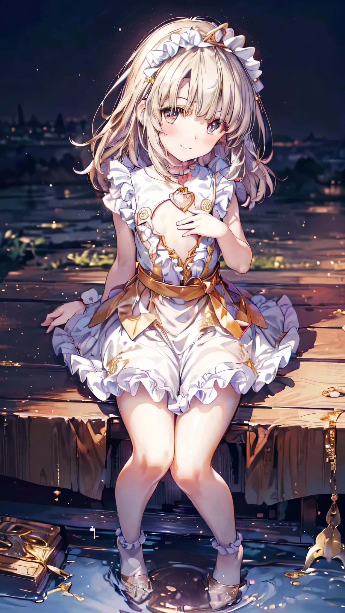 (nsfw:1.2), (Ultra-high resolution of the highest quality, masutepiece, Best Quality, 8K, Super Detail, Best Quality:1.3), (Anatomically correct:1.2), (1 :1.8), (pre-schooler:1.8), (Loli:1.8), ld:1.8), (petite body:1.6), (flat chest:1.2), (drooping eyes), (blush cheek:1.3), (long hair:1.2), (blonde hair:1.2), tiara, (luxury frilled gold princess dress:1.7), (jewel, gem:1.2), (europe castles balcony), (beautiful sunset glow:1.2), front view, Extremely cute, (extremely detailed beautiful face), Authentic skin texture, beautiful hair, beautiful face, beautiful eyes, beautiful body, beautiful hands, (happy smile:1.5), (face focus, flat chest focus, thigh focus:1.6), (sitting:1.2), (from above:1.2)