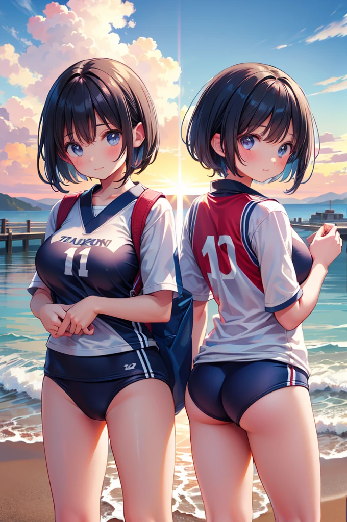 (Two Girls, Same height :1.2) ,Back view, Volleyball Uniforms, Couple Focus , (Cute Japanese Girl) , Very large breasts,(smile:0.7), Stand next to each other , Upper Body, Beach Volleyball,Recall, Realistic nipples, Realistic ass crack, Very Short Hair , (High color saturation:1.0), (Highly detailed skin), (Highest quality:1.2), (Ultra-high resolution:1.0) ,(Like the picture:1.0), (Ultra-detailed:1.0), (Realistic:1.2),(8K, RAW Photos:1.1)