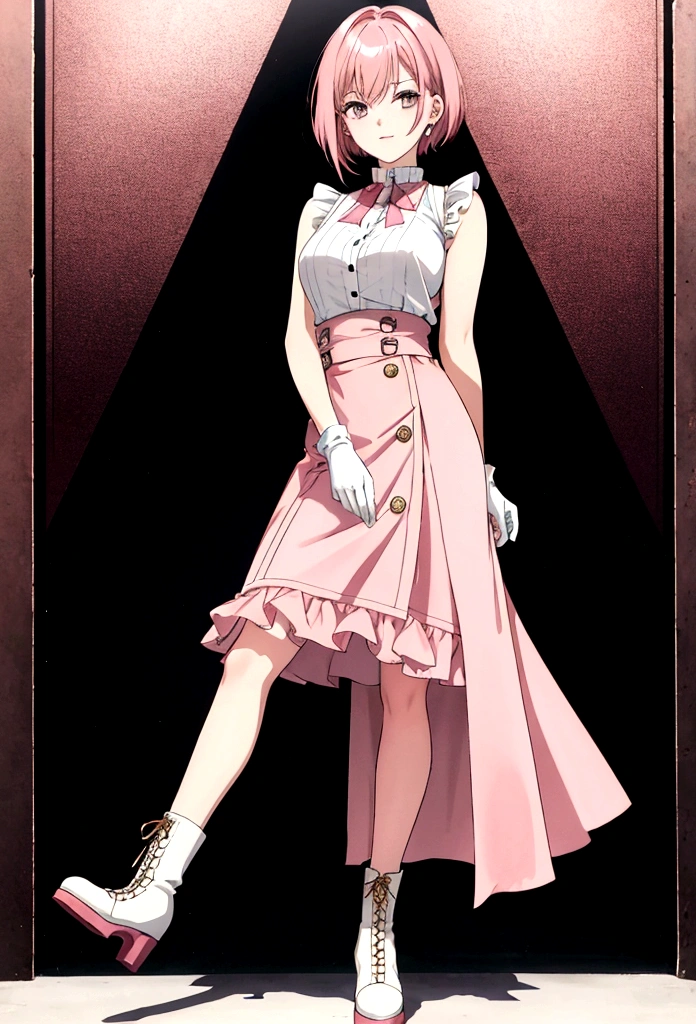 20 years old, with short pink hair just below the shoulders, pale pink eyes, and an expression that is serious yet happy. She dresses in an antique style, wearing a long light brown skirt, a sleeveless white blouse with a vertical red line down the center on the buttons, brown gloves, and high boots with many straps. Her weapons are hundreds of needles connected by thread.