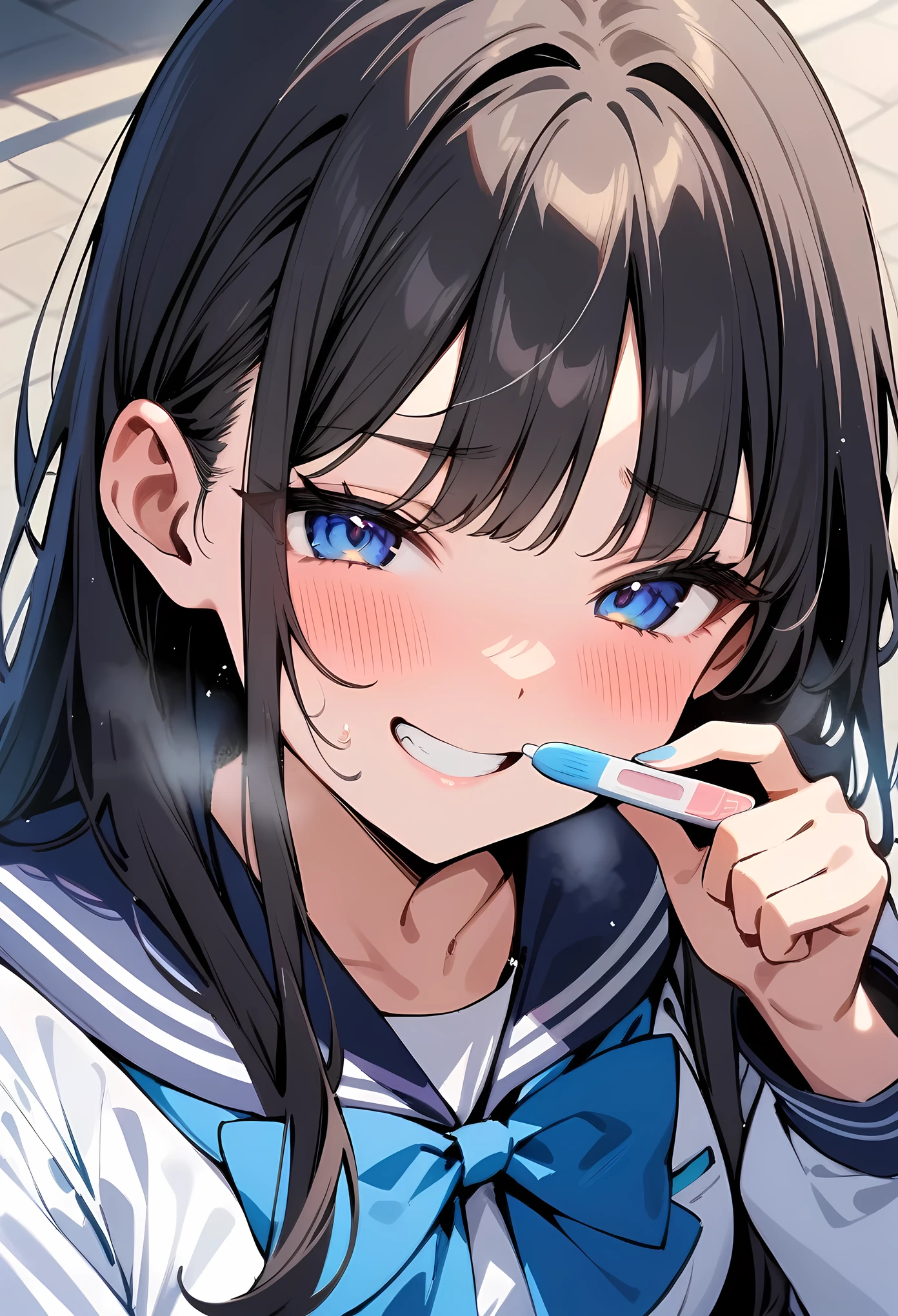 masterpiece, best quality, very aesthetic, absurdres, newest, showing a pregnancy test, 1girl, (close-up of face:1.2), blush,smile,grin,,akebi_komichi, akebi-chan_no_serafuku, 1girl, black_hair, blue_bow, blue_bowtie, blue_sailor_collar, blue_skirt, blue_socks,  bow, bowtie, brown_footwear, closed_mouth,hair_behind_ear, loafers, long_hair, long_sleeves, pleated_skirt,,in a plaza