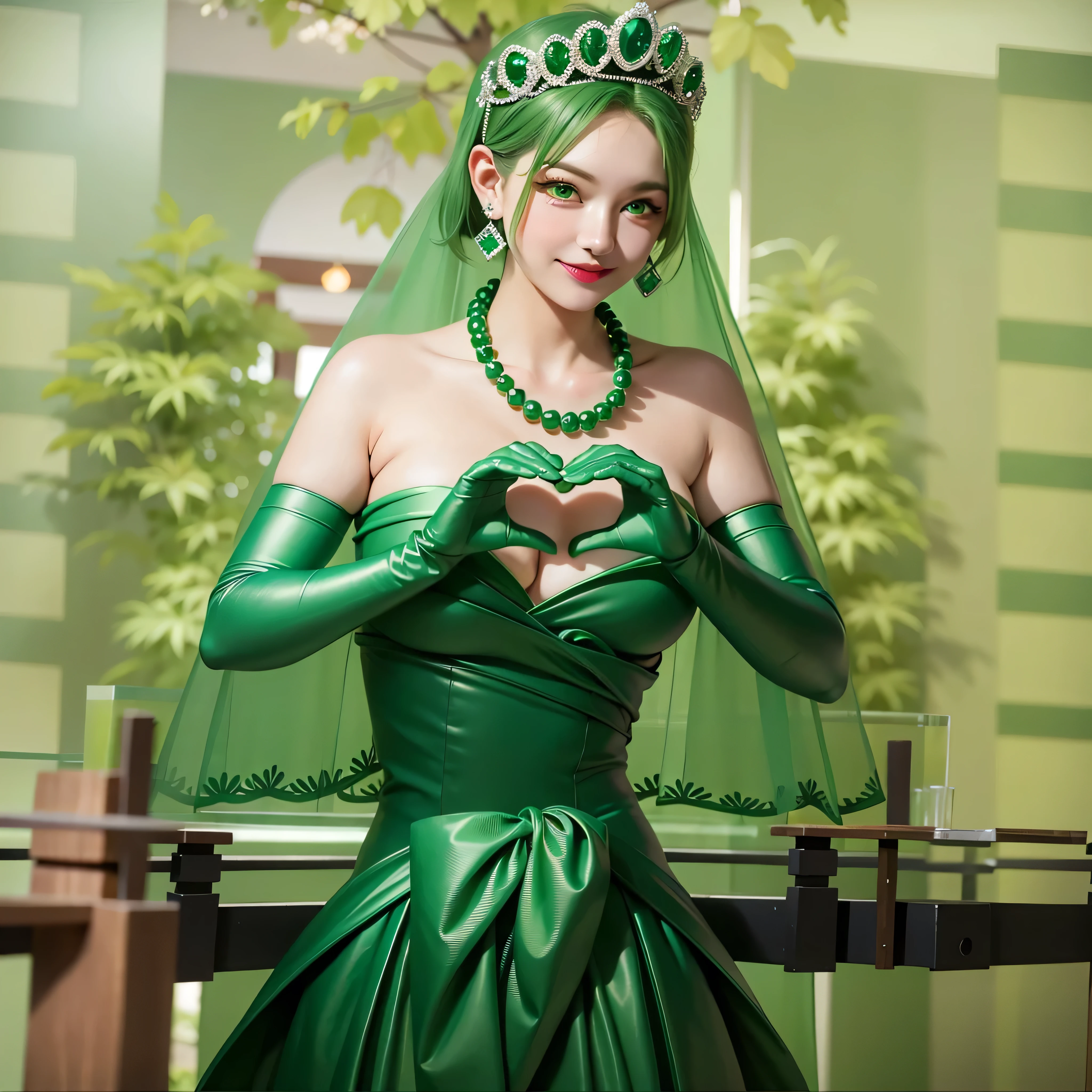 emerald tiara, Green Pearl Necklace, Boyish very short green hair, Green Lips, Smiling Japanese woman, Very short hair, Busty beautiful lady, Green Eyes, Green satin long gloves, Green Eyes, Emerald Earrings, Green veil, Heart with both hands, Green Hair, Beautiful Japanese Women, Heart shaped hands:1.3, green lip gloss