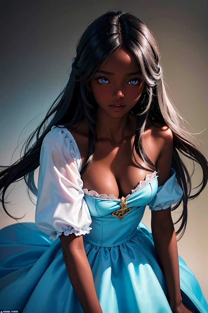 1girl, cute woman, ebony girl, dark skin, medieval fantasy, RPG, beautiful girl, soft face, bard, adult, cute girl, blue eyes, (black medium-long hair), lips, (colorful fantasy bard dress), cyan and pink clothing, slim body, nice boobs, Masterpiece