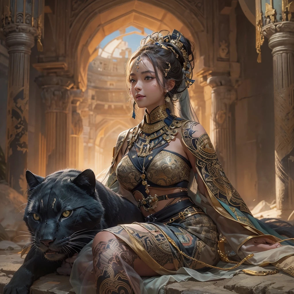 A woman with a cat on her shoulder, Egyptian cat goddess, bastette, ancient goddess, pagan goddess, beautiful Cleopatra, goddess. Extremely high detail, tall fine beautiful goddess, kemetic, goddess Hecate, beautiful goddess, goddess of love and peace, extremely detailed goddess, goddess of wisdom, beautiful lion goddess
