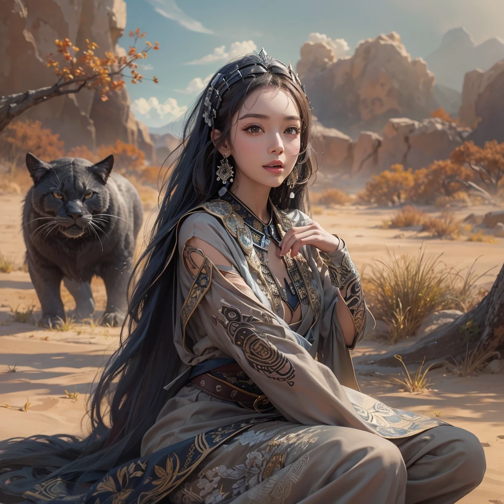 Hiding in the desert、Hair flow、 ((Highest quality、masterpiece、8K、Best image quality、Ultra-high resolution、Award-winning works)、(Accurate anatomy:1.1)、(Look at me and smile:1.1)、Shining fair skin with Ultra-high resolution、The most detailed face、Ultra-high resolution detailed face、Ultra-high resolutionの髪の毛、(Ultra-high resolutionの煌めく瞳:1.1)、Beautiful face drawn in every detail、(Blurred Background:1.1)、Ancient Islamic clothing, Chest to chest, tattoo, Old ruins in the background、Sitting black panther