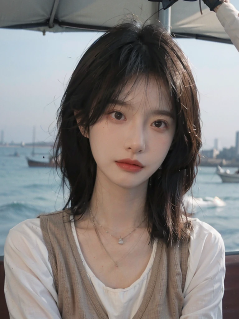 Film Portrait Photography, 1 Girl, Lipstick, (Big breasts:1.2), Wear a necklace, Cute expression, Exquisite makeup, Vest, serene, calm, (Realistic and detailed eyes, Natural skin texture, Realistic facial details), Soft dramatic lighting, Vivid details, Detailed and detailed, Surreal, 35 mm film, hazy, outdoor, Seaside background, seaside, Depth of Field, Bokeh