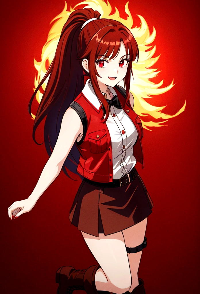 20 years old girl, long red hair, wears a ponytail, red eyes, always smiling. She dresses in an antique style, wearing a short brown skirt with black shorts underneath, ending above the knees. She wears knee-high brown boots. Her white blouse is sleeveless and features red details. She possesses fire powers and has a fire-themed background."