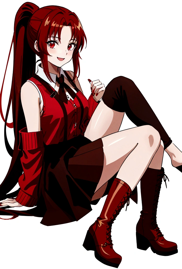 20 years old girl, long red hair, wears a ponytail, red eyes, always smiling. She dresses in an antique style, wearing a short brown skirt with black shorts underneath, ending above the knees. She wears knee-high brown boots. Her white blouse is sleeveless and features red details. She possesses fire powers and has a fire-themed background." 