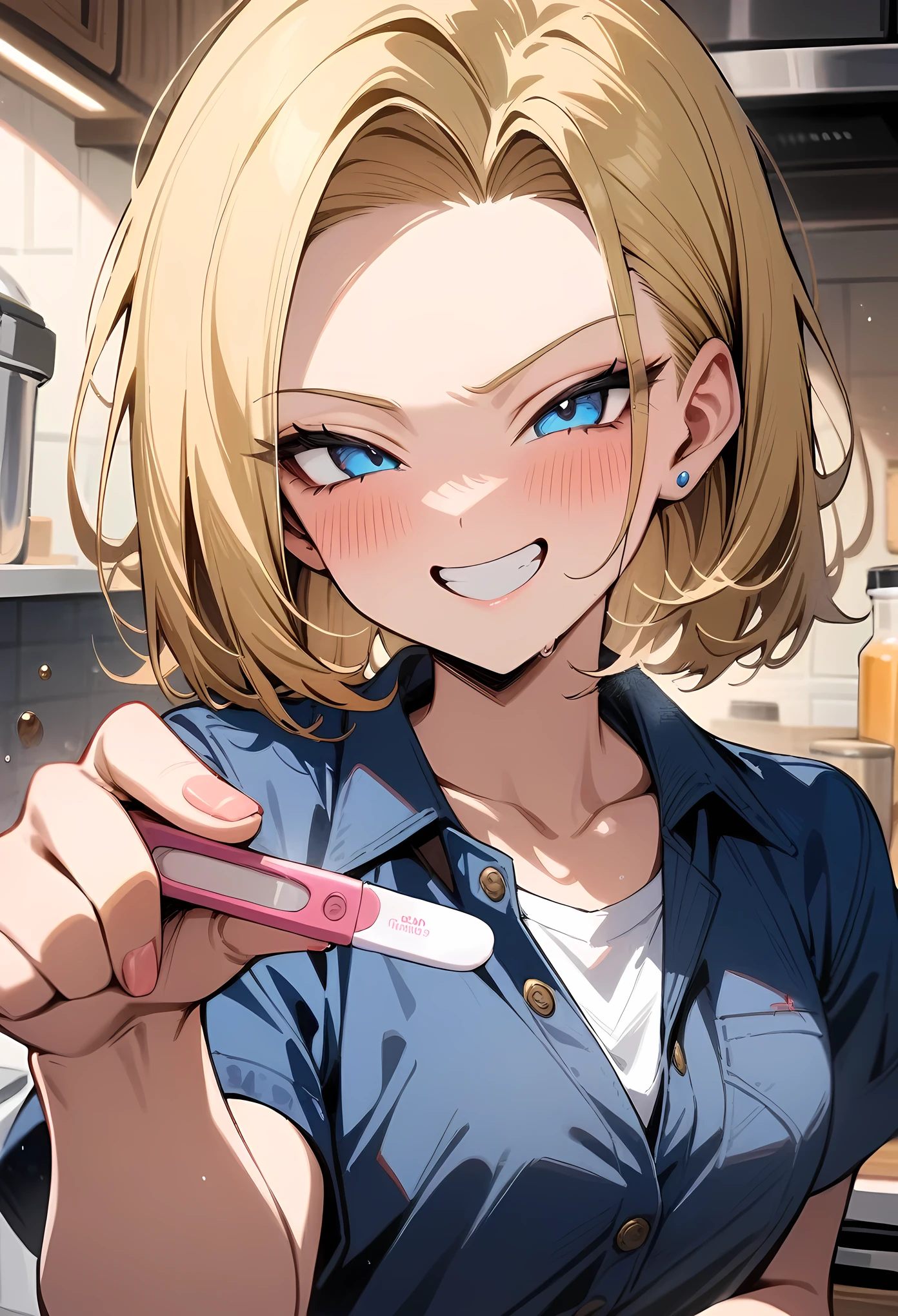 masterpiece, best quality, very aesthetic, absurdres, newest, showing a pregnancy test, 1girl, (close-up of face:1.2), blush,smile,grin,,Android 18(Dragon Ball), short hair, blue eyes, blonde hair, blue jacket,in kitchen