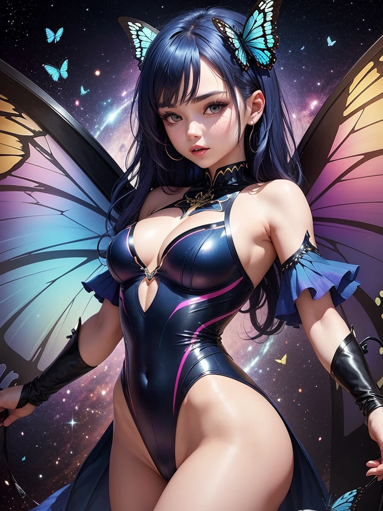 Woman with dark blue hair, butterfly wings, galaxy rainbow, leotard