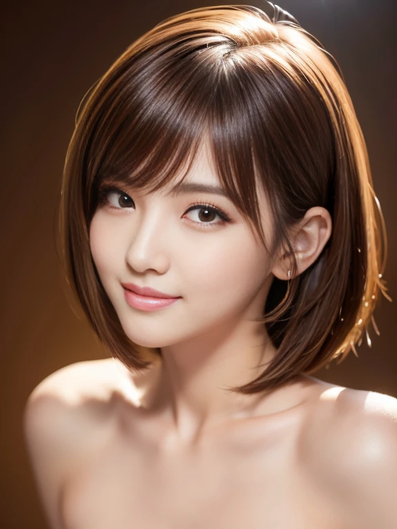 masterpiece, Highest quality, Super detailed, 複雑に詳細なSuper detailed, Realistic, Sharp features, Very detailed, Sharp focus, 20-year-old, Perfect Face, Perfect Face, Perfect symmetrical perfect eyes, Perfect Plump Lips, Flexible female form, Film Light, Super detailed, hyper Realistic, High resolution, Vibrant, Dynamic Studio Lighting, short hair, Brown Hair, Shoulder-length layered, Asymmetrical bangs, Brown eyes, (Impish Smile:1.2), Full Body Shot、Full nudity、Thin pubic hair
