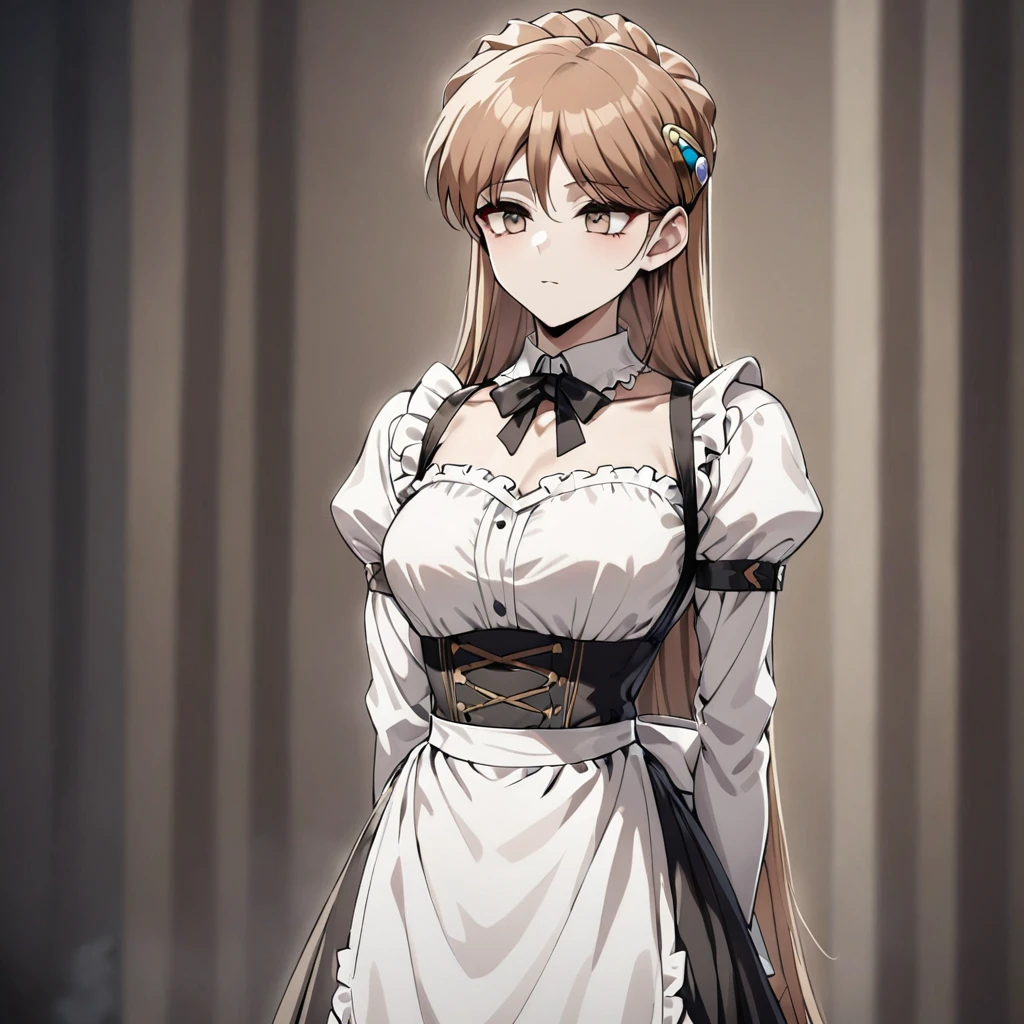 ((Highest quality)), ((masterpiece)), (detailed), (Perfect Face)、The woman is Princess Leona, with medium-long light brown hair, wearing a Victorian maid outfit and standing upright with good posture.、The woman has been completely brainwashed and has become expressionless and no highlights in her eyes.