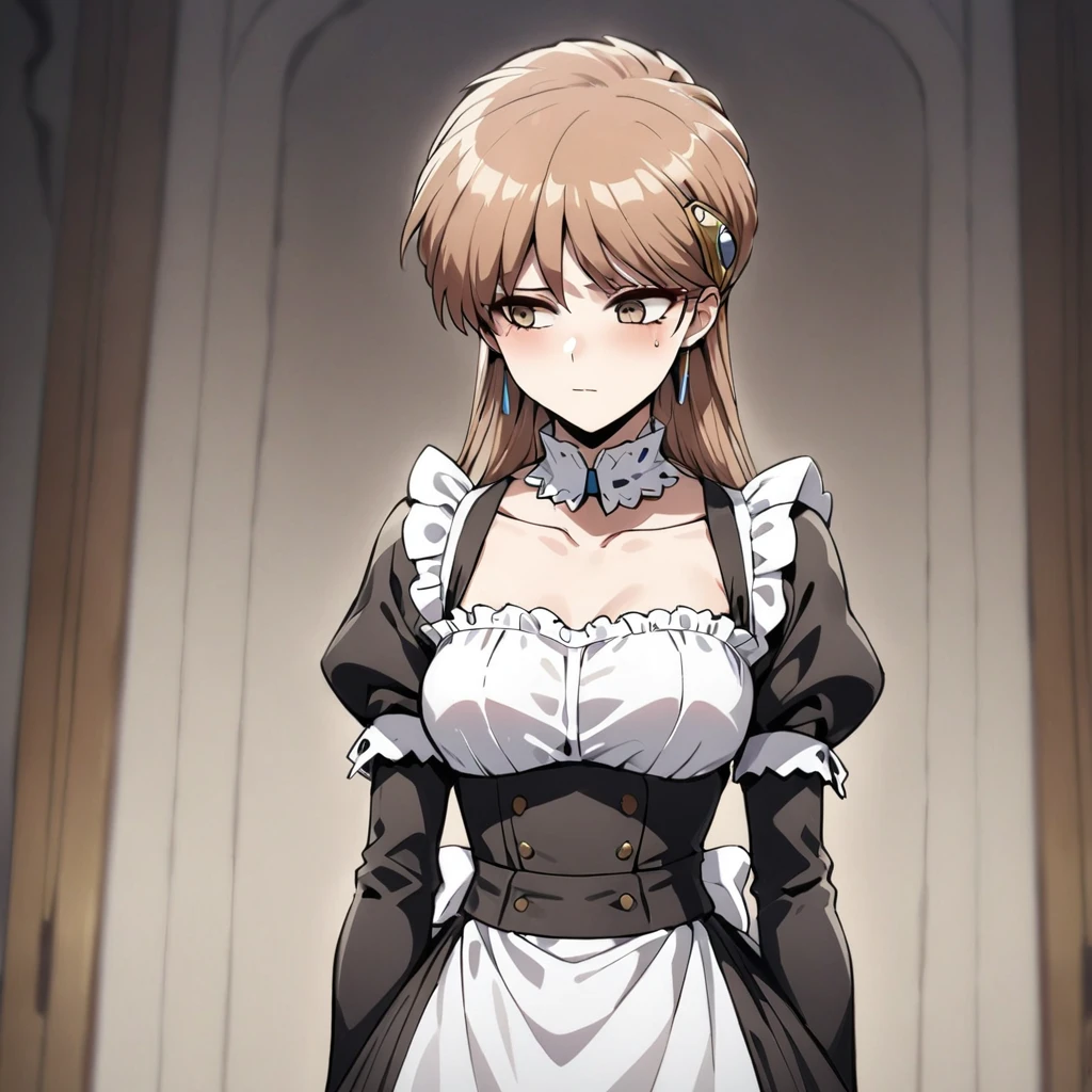 ((Highest quality)), ((masterpiece)), (detailed), （Perfect Face）、The woman is Princess Leona, with medium-long light brown hair, wearing a Victorian maid outfit and standing upright with good posture.、The woman has been completely brainwashed and has become expressionless and no highlights in her eyes.