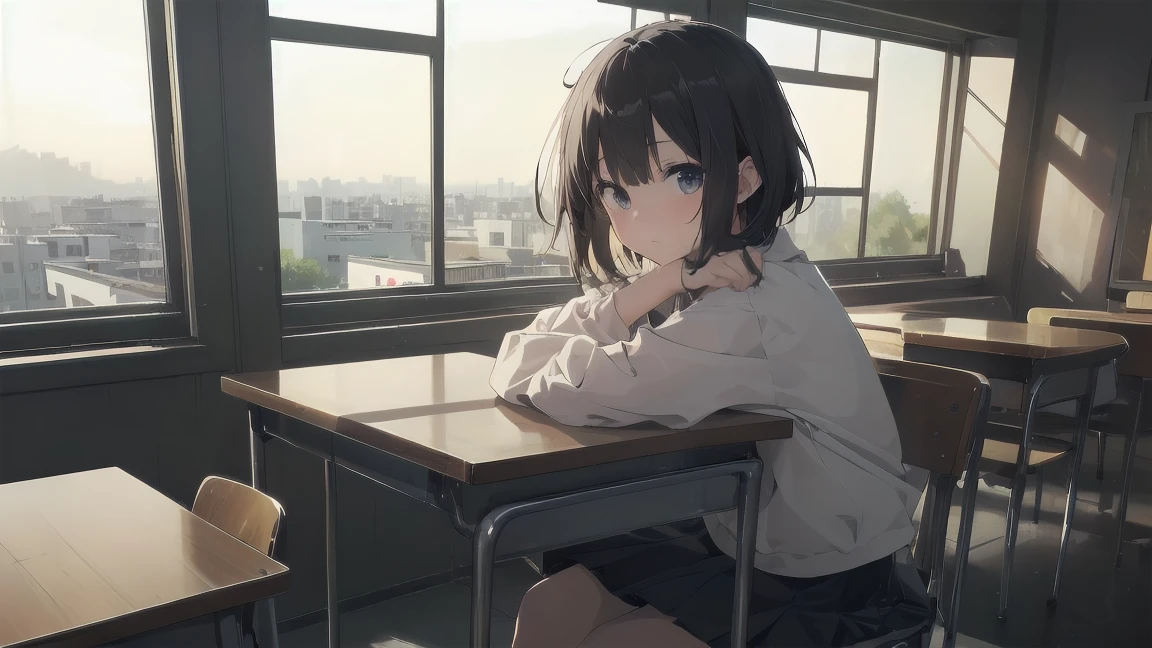 Portraiture, Documentary Films, photograph, One Girlは13 years oldのである,Short black hair,Small underbust, classroomの机で眠い目をしながら勉強している, short hair, classroom, high quality, Realistic, Eye-level shot, Medium Shot, Front view, Natural light, Learning and fatigue.break,One Girl, (alone,Loli face,13 years old:1.5),, The charm of androgyny, (Very short hair), Flat Chest, Small Ass, Beautiful and delicate black eyes, Disgusted Eyes, sitting on a wooden chair, break,((最high quality,Anime Style, Very detailed,High resolution,Extremely detailed CG,unity 8k wallpaper,Created by famous artists,Perfect Anatomy,Very detailed肌,Cinema Lighting)),