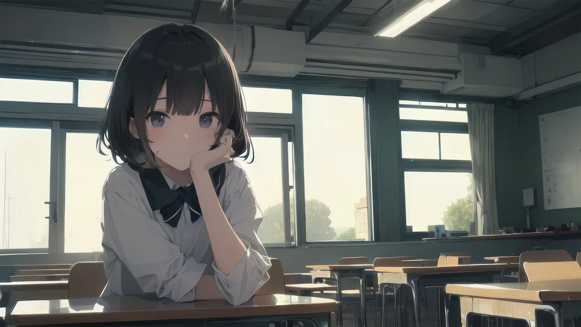 Portraiture, Documentary Films, photograph, One Girlは13 years oldのである，Short black hair，Small underbust, classroomの机で眠い目をしながら勉強している, short hair, classroom, high quality, Realistic, Eye-level shot, Medium Shot, Front view, Natural light, Learning and fatigue.break,One Girl, (alone,Loli face,13 years old:1.5),, The charm of androgyny, (Very short hair), Flat Chest, Small Ass, Beautiful and delicate black eyes, Disgusted Eyes, sitting on a wooden chair, break,((最high quality,Anime Style, Very detailed,High resolution,Extremely detailed CG,unity 8k wallpaper,Created by famous artists,Perfect Anatomy,Very detailed肌,Cinema Lighting)),