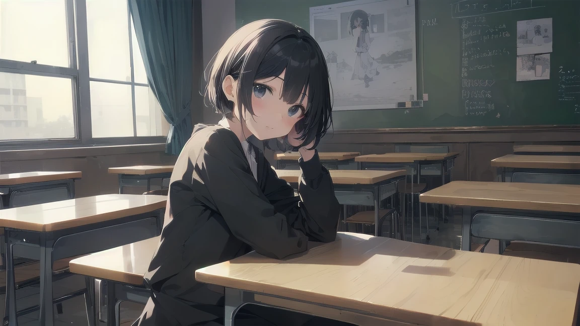 Portraiture, Documentary Films, photograph, One Girlは13 years oldのである,Short black hair,Small underbust, classroomの机で眠い目をしながら勉強している, short hair, classroom, high quality, Realistic, Eye-level shot, Medium Shot, Front view, Natural light, Learning and fatigue.break,One Girl, (alone,Loli face,13 years old:1.5),, The charm of androgyny, (Very short hair), Flat Chest, Small Ass, Beautiful and delicate black eyes, Disgusted Eyes, sitting on a wooden chair, break,((最high quality,Anime Style, Very detailed,High resolution,Extremely detailed CG,unity 8k wallpaper,Created by famous artists,Perfect Anatomy,Very detailed肌,Cinema Lighting)),