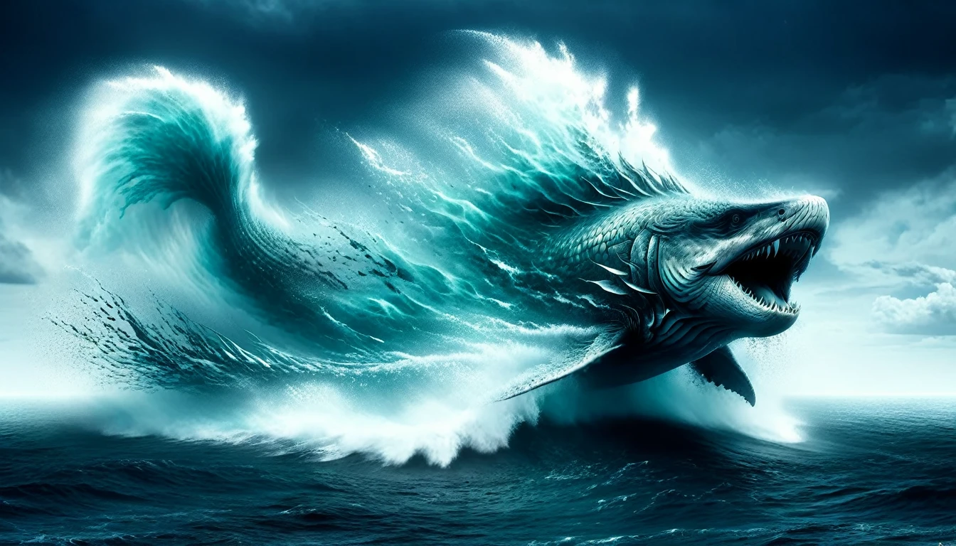 a huge leviathan at the right corner coming from the sea, dark, 4k