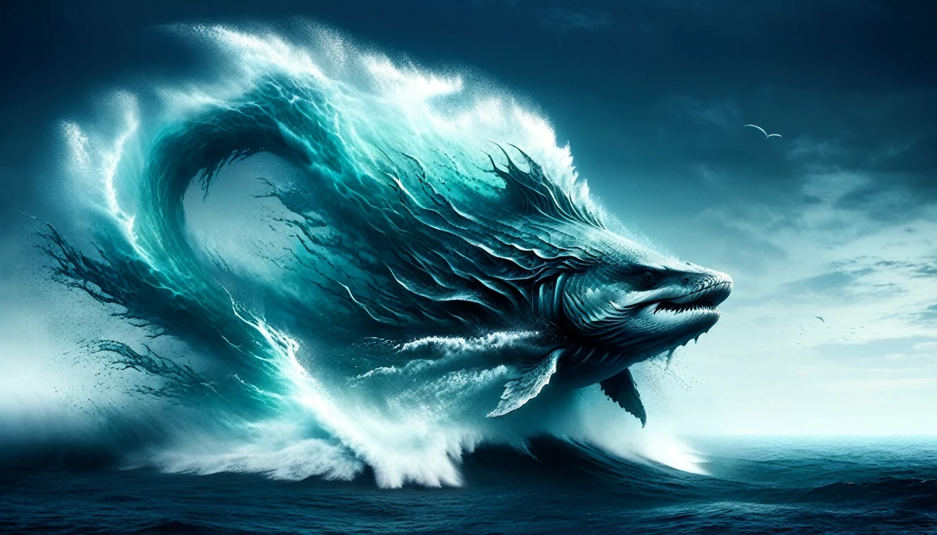 a huge leviathan at the right corner coming from the sea, dark, 4k