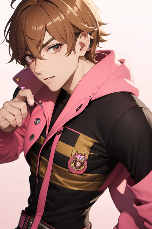 Gumball Handsome 18 year old boy with blonde brown hair, with a pink streak, light skin, pierced ears, honey brown eyes, open pink sweatshirt, black shirt with a candy castle print, black belt, red jeans, looking directly at the viewer on a white background.
