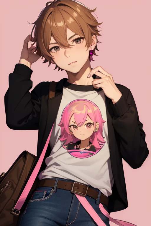 Gumball Handsome 18 year old boy with blonde brown hair, with a pink streak, light skin, pierced ears, honey brown eyes, open pink sweatshirt, black shirt with a candy castle print, black belt, red jeans, looking directly at the viewer on a white background.