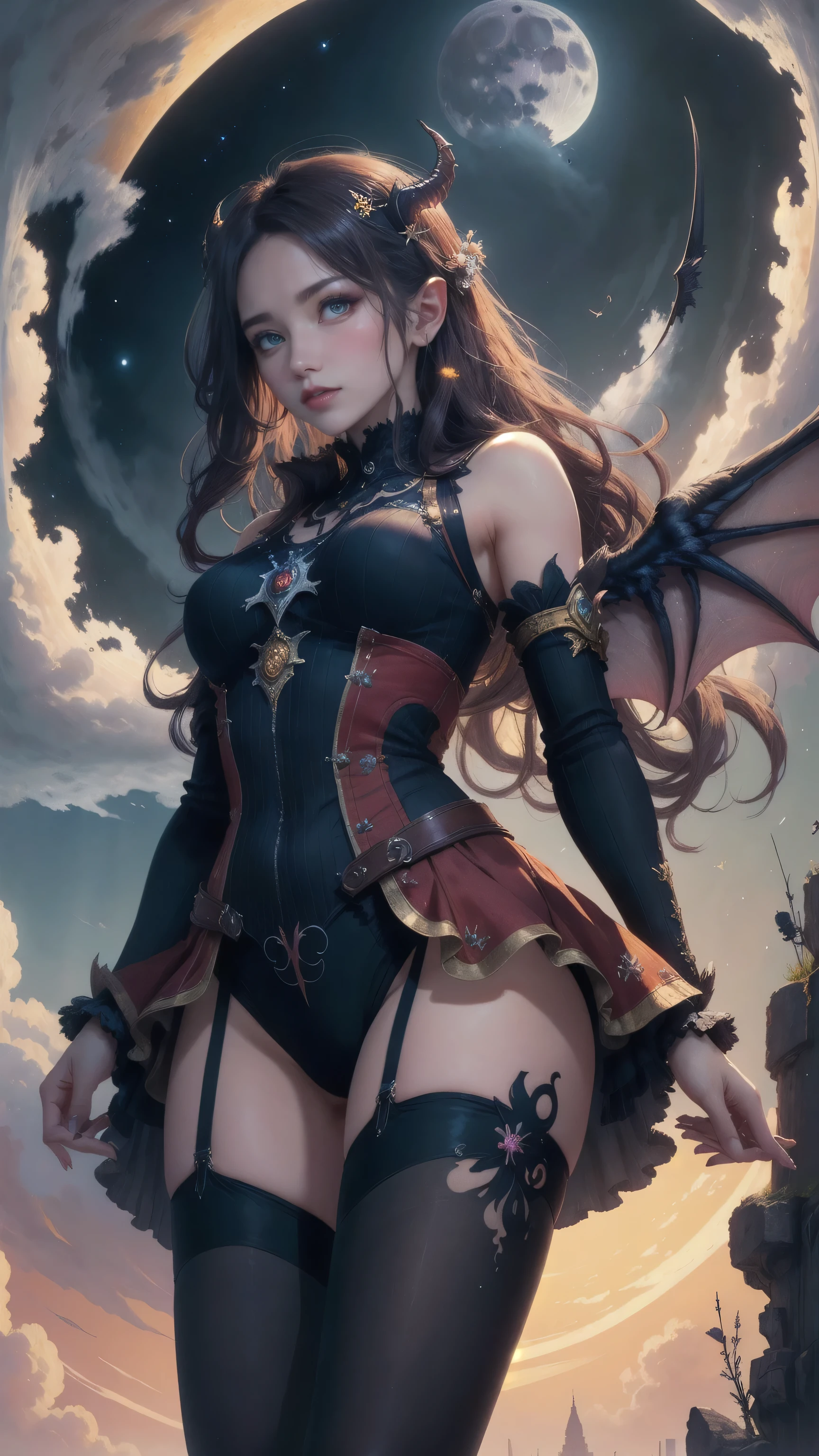 ((best quality)), ((masterpiece)), (detailed), Succubus, Ethereal Beauty, Living in the Clouds, (fantasy illustrations:1.3), Fascinating eyes, Tights, Pantyhose, stocking, Tights, Charming pose, Exquisite wings, Charming, Mysterious sky, Big Moon, Moonlit Night, Soft colors, (detailed cloudscape:1.3), (high resolution:1.2), From below, (score_clearly), (Fraction_9, Fraction_8_up, Fraction_7_up, Fraction_6_up, Fraction_5_Direction_4_up, high resolution, 4K)