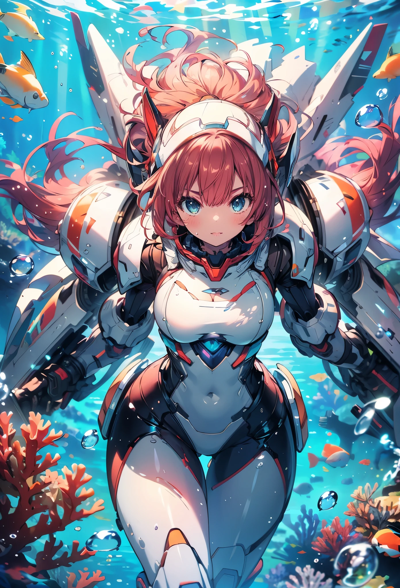 masterpiece, best quality, high resolution, extremely detailed CG, absurdres, highres, 1girl, solo, a girl in mech suit moving fast with rocket boosters under the sea,headgear,Thighs, cleavage, jets, torpedo, arounded by bubbles, coral, ((under water)), Colorful portraits