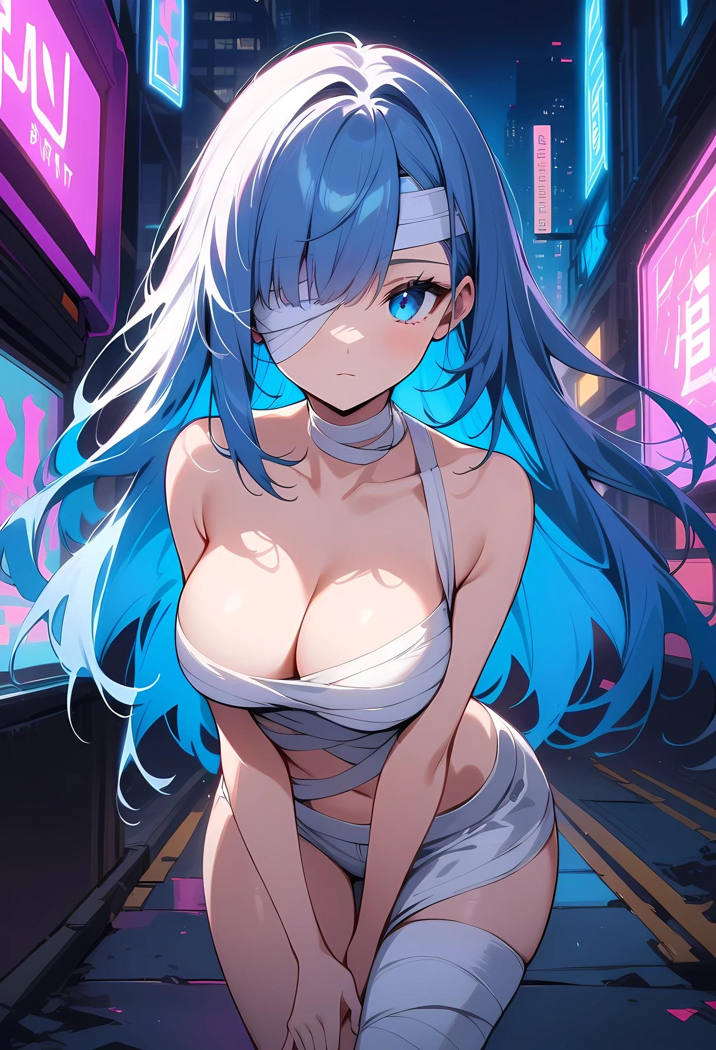 masterpiece, best quality, very aesthetic, absurdres, newest, showing a pregnancy test, 1girl, (close-up of face:1.2), blush,smile,grin,,cang_yue_(tou_xing_jiuyue_tian), bandage_over_one_eye, bandaged_chest, bandaged_fingers, bandaged_hand, bandaged_head, bandaged_neck, bandaged_thighs,bandaged_pants, bandages cover body, blue_hair, breasts, cleavage, expressionless, floating_hair,long_hair, naked_bandage, one_eye_covered, bare_foot,Cyberpunk City, Street, Night, neon light, neon sign,
