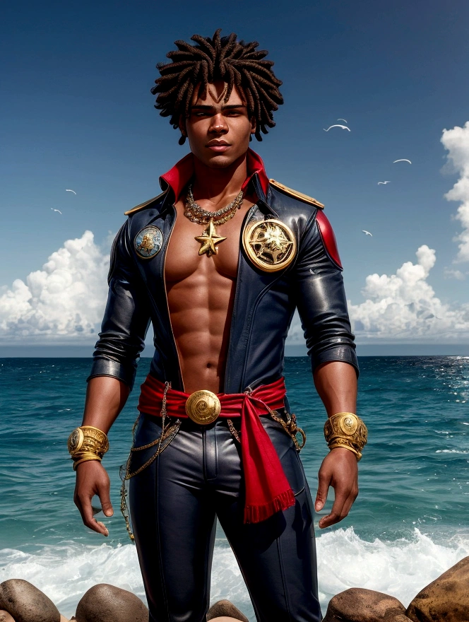 black hair

(Star Captain)General Appearance
(Captain Star) is a 20-year-old young man, with dark skin and a muscular, athletic physique, the result of years of hard work at sea. His presence is imposing and confident, reflecting his determination and courage. Hair He sports afro hair styled with braids and dreadlocks, with a modern side cut that adds a touch of contemporary to his maritime look. Her braids are decorated with small marine amulets and some gold beads, symbolizing her connection with the ocean. Eyes and Distinctive Mark Estrela's eyes are a cosmic blue, deep and penetrating, which seem to reflect the vastness of the oceans she loves so much. A golden star is delicately tattooed on his forehead, a symbol he inherited from his family and which represents his special connection with the sea and the stars. Clothing He wears clothes that match the colors of the Cape Verde flag: green, red, yellow and white. A dark brown leather jacket with gold trim, green and yellow fabric patches, and a red scarf around his neck. He wears sturdy dark pants and sturdy leather boots, ideal for sailing in any conditions.Accessories A gold necklace with a compass-shaped pendant, symbolizing his orientation towards the sea and his love of exploration. He also wears leather bracelets with carvings that tell stories of his past adventures. Expression and Posture Estrela carries a determined and gentle expression at the same time, with a confident smile that shows her willingness to face any challenge the sea presents to her. His posture is firm and relaxed at the same time, revealing a natural leader and a loyal companion to his crew.Conclusion
Captain Estrela personifies courage, determination and a deep connection with the sea and the mysteries it hides. His unique and striking look reflects his personality and his destiny as an explorer of the oceans, ready to explore new horizons and discover lost treasures.