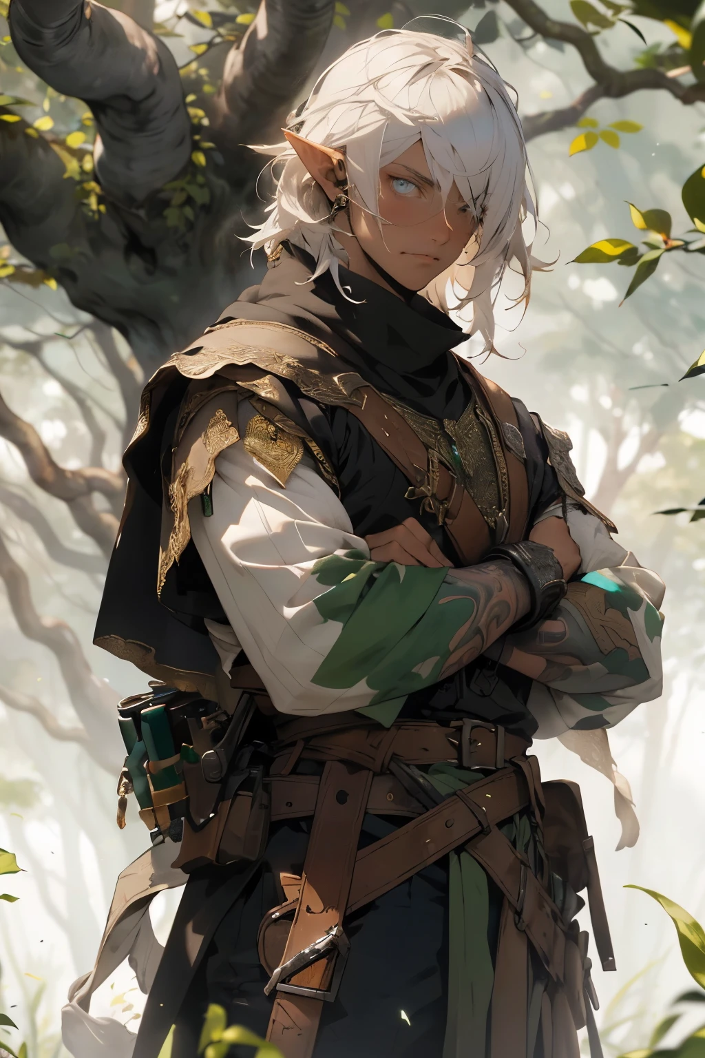 (((Leprechaun))) realisitic, (master part, top-quality, best qualityer, offcial art, Beauty and Aesthetics: 1.2), very detailled, Fractal Art, fullcolor,More Detailed, tangle, (abstract background: 1.5) (age 28), long  hair, (glare eyes), uncanny, (magie), ((nervous guy)) Leprechaun ,twinkling ,archerqueen , Roupas de um guerreiro Leprechaun, a forest warrior, male elf ranger, improve eye quality
