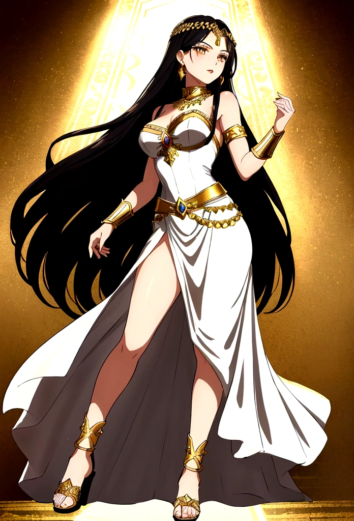 20 years old, with long black hair down to her waist, golden eyes. She wears jewelry and dresses in an antique style, donning a long white dress with golden details. She wears elegant gladiator sandals. She possesses golden powers and has a golden-themed background.