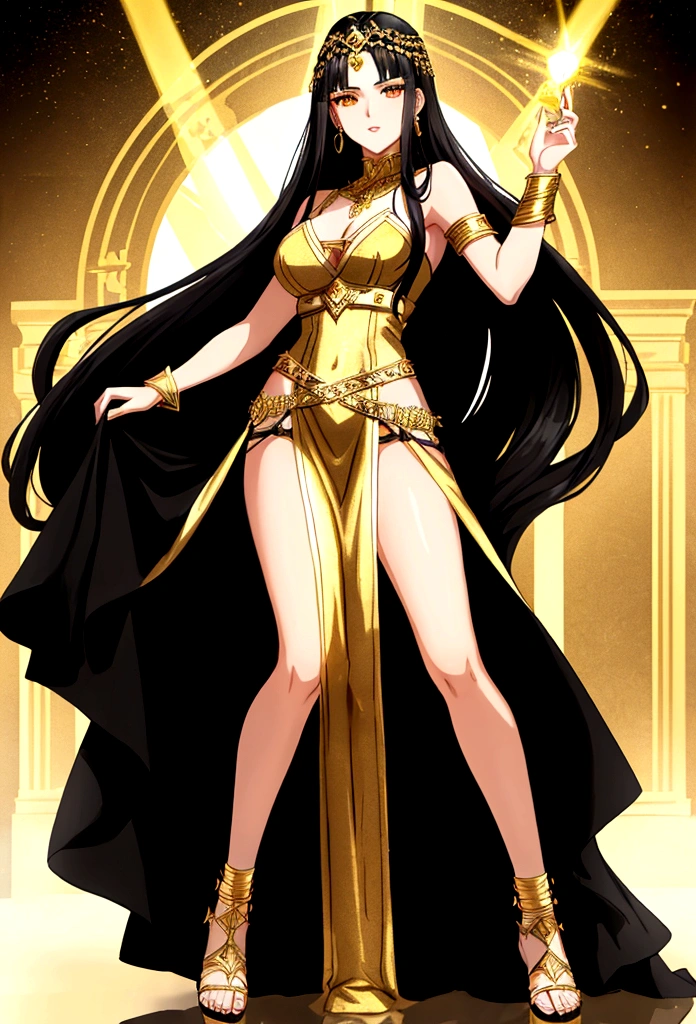 20 years old, with long black hair down to her waist, golden eyes. She wears jewelry and dresses in an antique style, donning a long white dress with golden details. She wears elegant gladiator sandals. She possesses golden powers and has a golden-themed background.