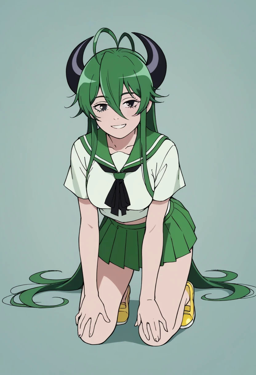 source_anime, 1girl, fullbody, dark green hair, light smile, black eyes, dark green hairs, two front ponytails, japanese highschool uniform, short green skirt, tigh highs, 2 black horns on forehead, green sailor collar, white top, yellow shoes