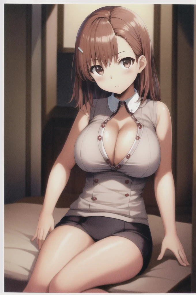 masterpiece, Highest quality, High resolution, 1girl hairclip tokiwadai 、Brown Hair、Big Breasts、Unbuttoned