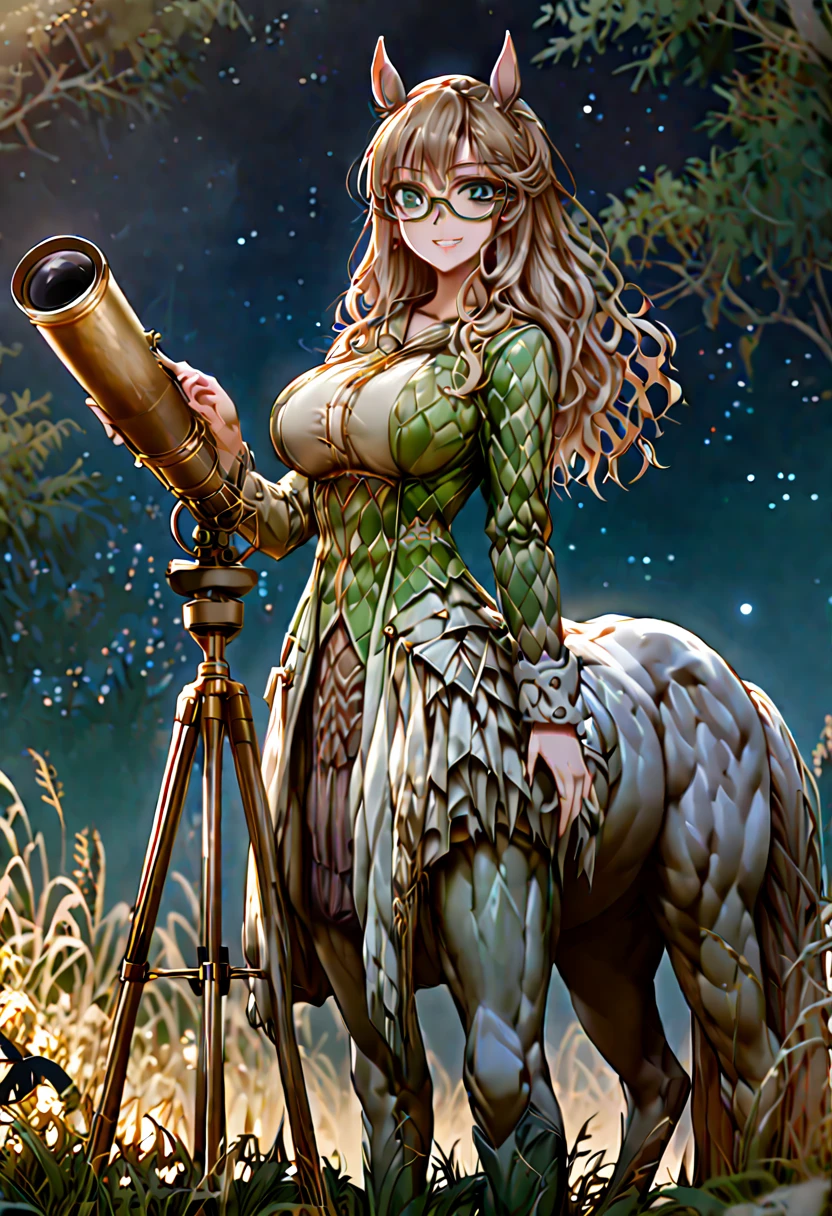 solo, female, sfw, medium shot, long wavy hair, brown hair, dark green eyes, centaur girl, huge woman, ((centaur)), brown horse ears, huge breasts, scholar, modest clothes, night sky, brown horse body, horse lower body, calm smile, huge brass telescope on tripod, starry sky, grassy field, night, coat, glasses