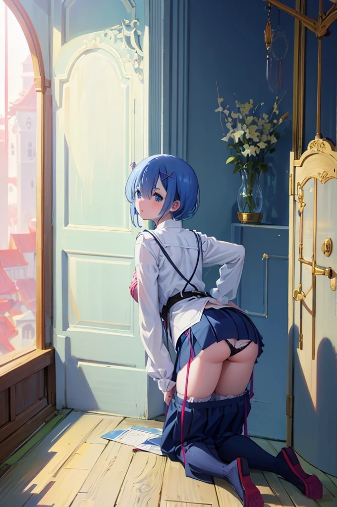8K,Masterpiece、Blue Hair、Japanese 、、、Lift up your skirt、On all fours、Showing panties、Stick your butt out、Turn your ass towards me、Blushing、、Showing panties、Pull up your skirt、Blushing、Bedroom