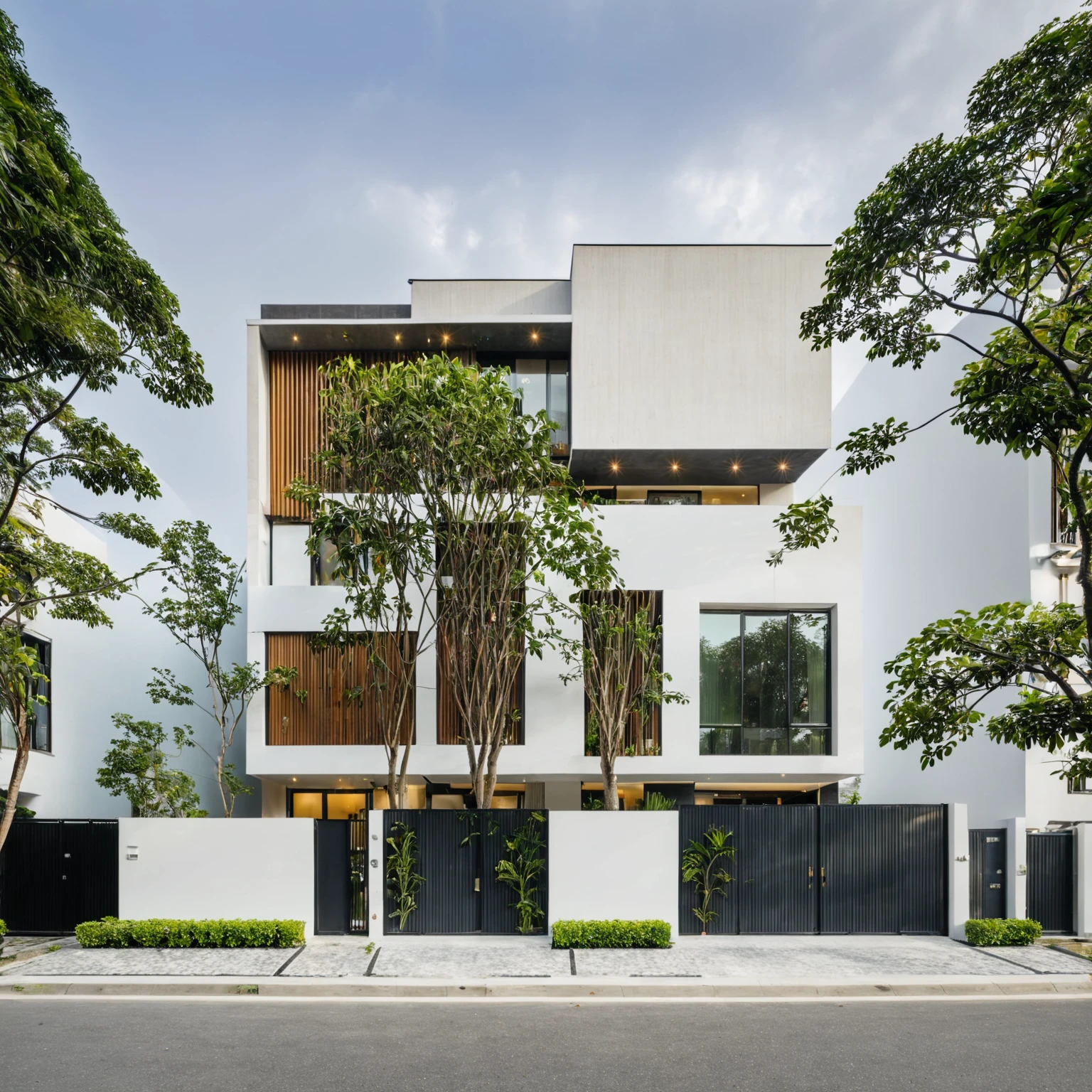 RAW photo, a photo of a modern villa, sidewalk, sidewalk trees, steel gate, road, viet nam modern residence, a car parked in front of it, rough white wall, new residential area, wide angle exterior 2022, contemporary house, exterior photography, masterpiece, contemporary architecture, overcast, indirect lighting