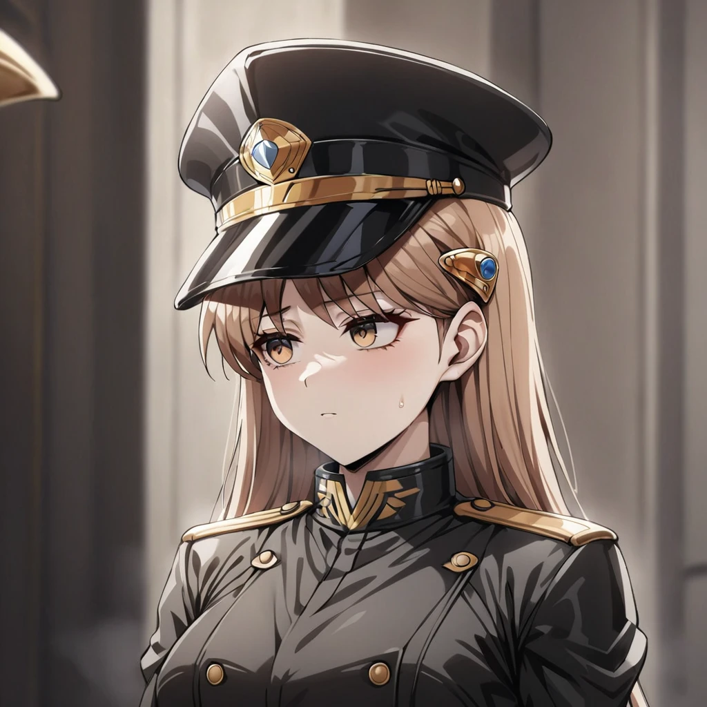 ((Highest quality)), ((masterpiece)), (detailed), (Perfect Face)、The woman is Princess Leona, with medium-long light brown hair, wearing a black military uniform and cap, and being sexually assaulted by a dignified general.、Women are brainwashed, expressionless, and have no highlights in their eyes.
